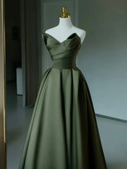 Green Satin A-line V-neckline Long Formal Dresses, Green Satin Prom Dresses