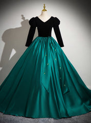 Green Satin Balck Velvet Long Sleeve Beading Quinceanera Dresses