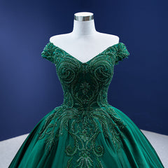 Green Satin Beaded Off Shoulder Long Formal Gown, Green Sweet 16 Dresses