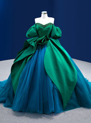 Green Satin Blue Tulle Puff Sleeve Beading Prom Dresses