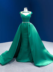 Green Satin Cap Sleeve Crystal Beading Prom Dresses