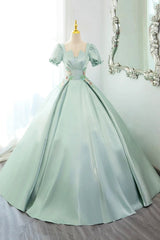 Green Satin Lace Long Prom Dresses, Beautiful A-Line Short Sleeve Evening Party Dresses