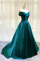 Green Satin Long A-Line Prom Dress, Simple Off the Shoulder Evening Dress