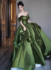 Green Satin Long Off Shoulder Princess Formal Dress, Green Satin Prom Dress