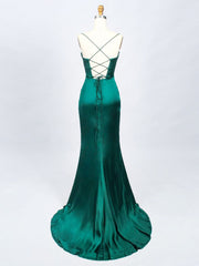 Green Satin Long Prom Dresses, Green Mermaid Long Formal Dresses