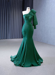 Green Satin One Shoulder Long Sleeve Prom Dresses