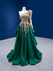 Green Satin One Shoulder Sequins Appliques Prom Dresses