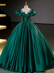 Green Satin Puff Sleeve Appliques Quinceanera Dresses