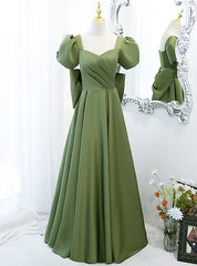 Green Satin Puff Sleeve Pleats Prom Dresses With Bow