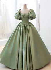 Green Satin Puff Sleeve Quinceanera Dresses