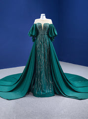 Green Satin Puff Sleeve Sequins Beading Prom Dresses