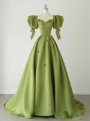 Green Satin Puff Sleeve Square Prom Dresses