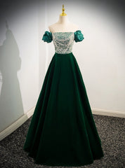 Green Satin Sequins Puff Sleeve Prom Dresses