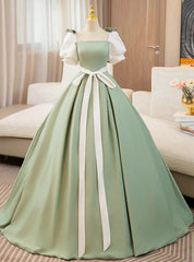 Green Satin Short Sleeve Bow Prom Dresses