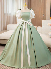 Green Satin Short Sleeve Bow Quinceanera Dresses