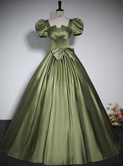 Green Satin Short Sleeve Prom Dresses With Bow