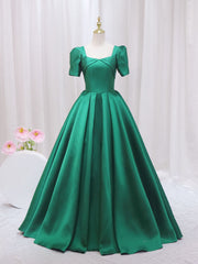 Green Satin Short Sleeve Square Neck Prom Dresses