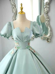 Green Satin Short Sleeves Long Formal Dresses, Green Satin Prom Dresses Evening Dresses