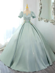 Green Satin Short Sleeves Long Formal Dresses, Green Satin Prom Dresses Evening Dresses