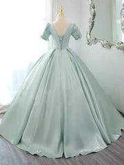 Green Satin Short Sleeves Long Formal Dresses, Green Satin Prom Dresses Evening Dresses