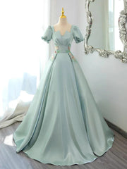 Green Satin Short Sleeves Long Formal Dresses, Green Satin Prom Dresses Evening Dresses