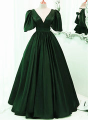 Green Satin Short Sleeves Long Party Dress, Green Floor Length Evening Dress Prom Dress