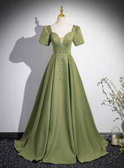 Green Satin Square Neck Short Sleeve Prom Dresses