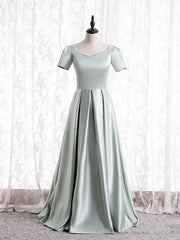 Green Satin Square Short Sleeve Prom Dresses