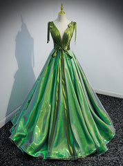 Green Satin V-neck Pleats Prom Dress