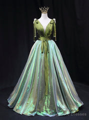 Green Satin V-neck Pleats V-neck Prom Dress