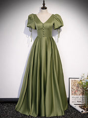 Green Satin V-neck Puff Sleeve Button Prom Dresses