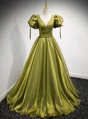 Green Satin V-neck Puff Sleeve Prom Dresses