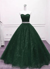 Green Shiny Tulle Beaded Sweetheart Party Dresses, Green Formal Dresses