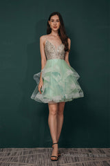 Short A-Line V Neck Tiered Shiny Beads Crystal Homecoming Dresses