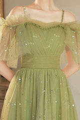 Green Spaghetti Strap Tulle Short Prom Dresses, Charming Knee Length A-Line Party Dresses