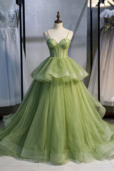 Green Sweetheart Tulle Long Prom Dresses, Beautiful A-Line Evening Graduation Dresses