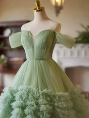 Green Sweetheart Tulle Off Shoulder Layers Long Formal Dresses, Green Sweet 16 Dresses