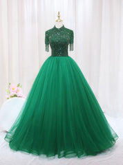 Green Tulle High Neck Short Sleeve Beading Prom Dresses