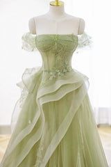 Green Tulle Lace Long Prom Dresses with Corset, Green Formal Party Dresses