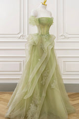 Green Tulle Lace Long Prom Dresses with Corset, Green Formal Party Dresses