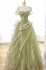 Green Tulle Lace Long Prom Dresses with Corset, Green Formal Party Dresses