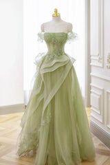 Green Tulle Lace Long Prom Dresses with Corset, Green Formal Party Dresses