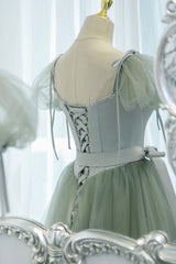 Green Tulle Long A-Line Prom Dress, Cute Short Sleeve Graduation Dress