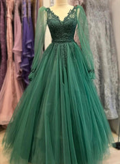 Green Tulle Long Sleeves A-line Party Dresses with Lace,Princess Formal Dresses