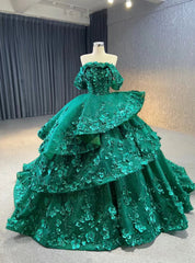 Green Tulle Off the Shoulder 3D Appliques Prom Dresses