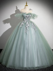 Green Tulle Off the Shoulder Gray Appliques Quinceanera Dress