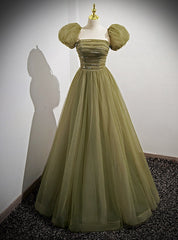 Green Tulle Puff Sleeve Pleats Prom Dresses