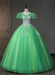 Green Tulle Puff Sleeve Sequins Beading Quinceanera Dresses