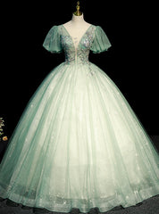 Green Tulle Puff Sleeve Sequins Beading Quinceanera Dresses