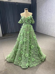 Green Tulle Sequins 3D Flower Prom Dresses